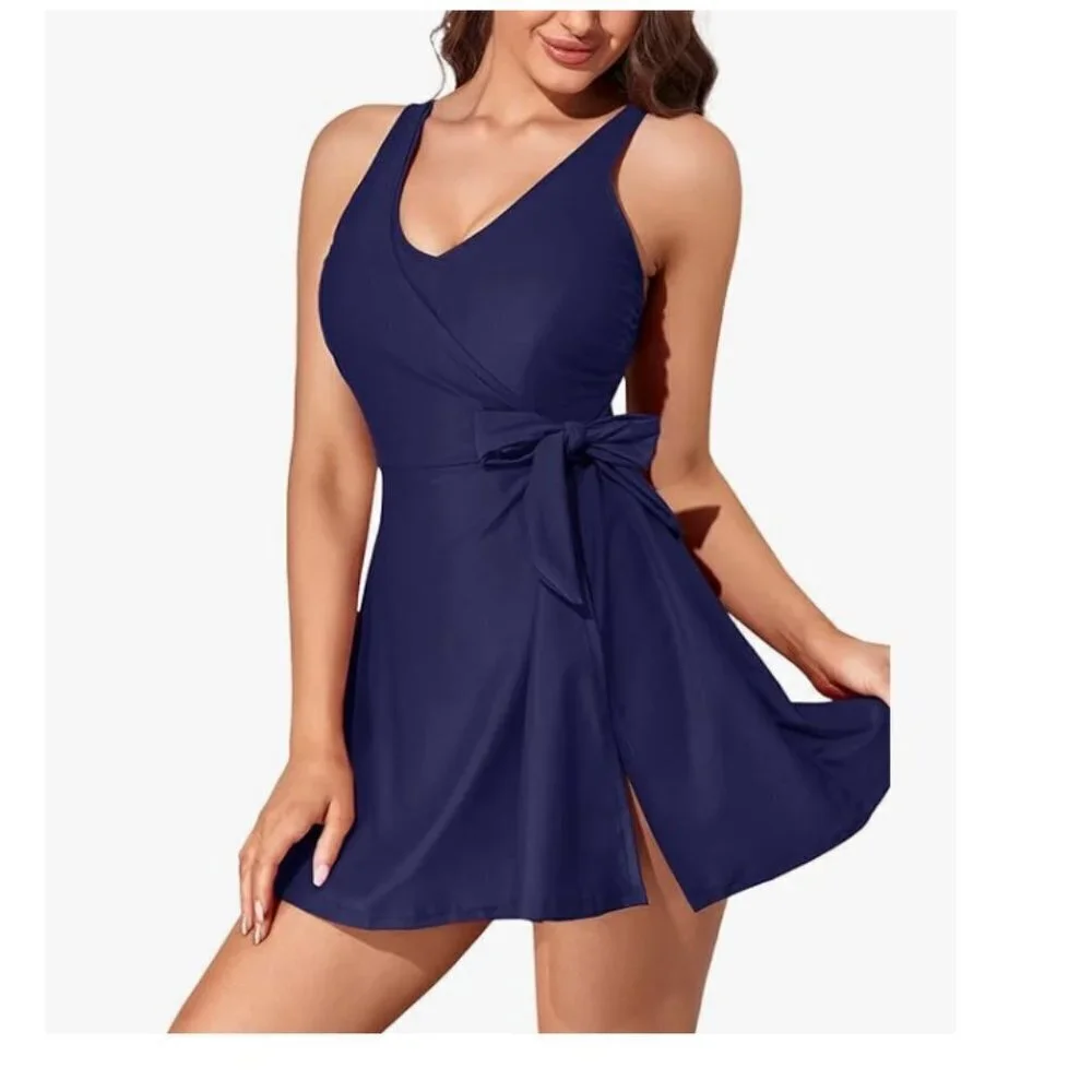 Summer Mae Plus Size Swimdress Tummy Control One Piece Wrap Tie Side